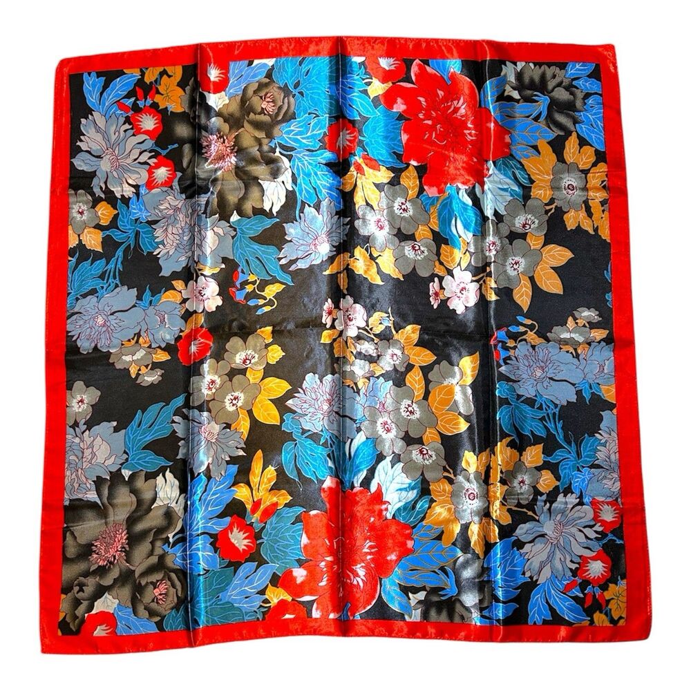 Vibrant Floral Silk Scarf with Red Border